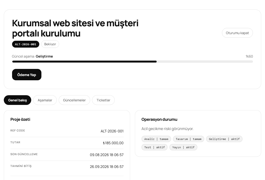 Müşteri portalında bir projenin güncel aşaması, ödeme durumu, referans kodu ve tahmini bitiş tarihi